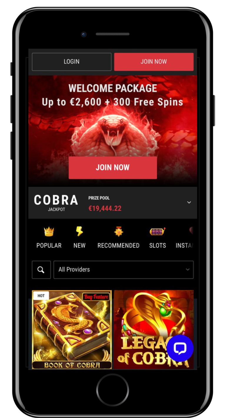 Cobra Casino mobile app interface with welcome and.  Cobra Casino Online